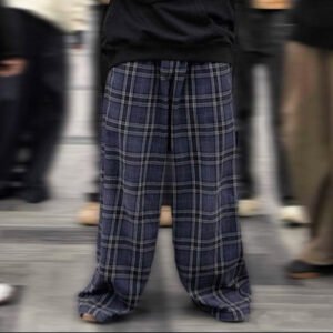 Neutral Straight Plaid Drawstring Casual Pants