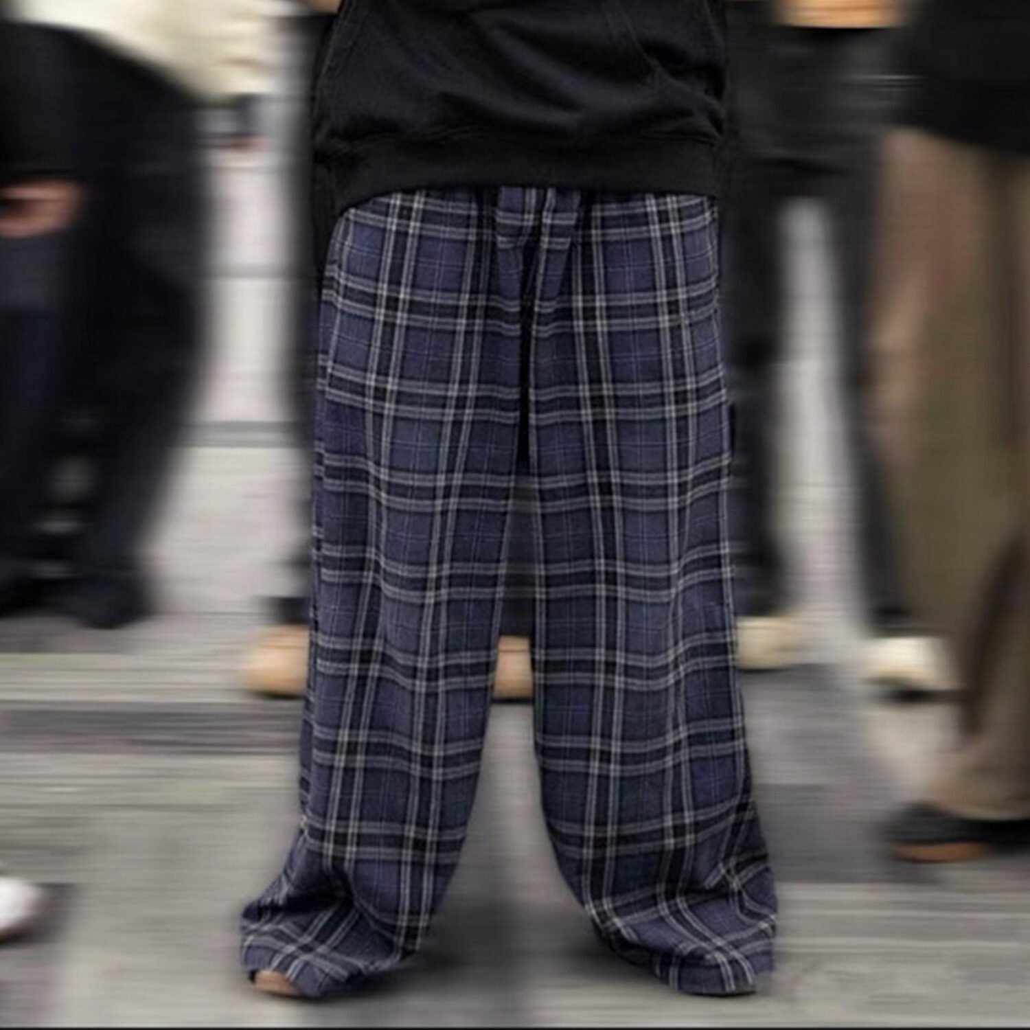 Neutral Straight Plaid Drawstring Casual Pants
