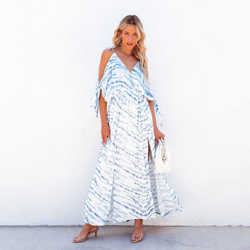 Women's Printed V-Neck Off Shoulder Sling Irregular Dress - Image 2