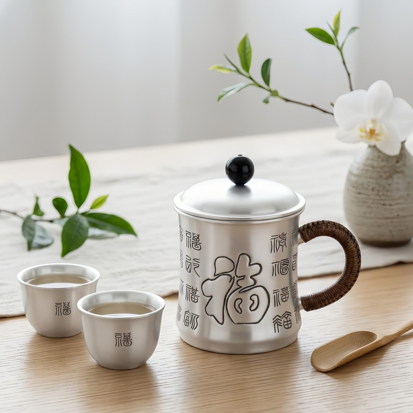925 Sterling Silver Traditional Silver Finish Tea Mug with Blessing Characters and Rattan Wrapped Handle - Handicraft - Image 2