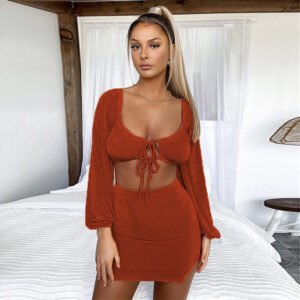 Women's Two Piece Square Neck Tie Long Sleeve Cropped Top