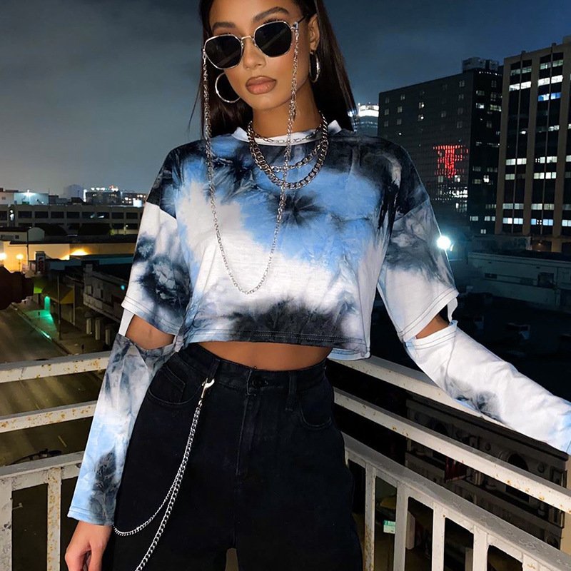 Broken Sleeve Tie Dye Print Fashion Street Long Sleeve Navel Loose T-Shirt Top - Image 2