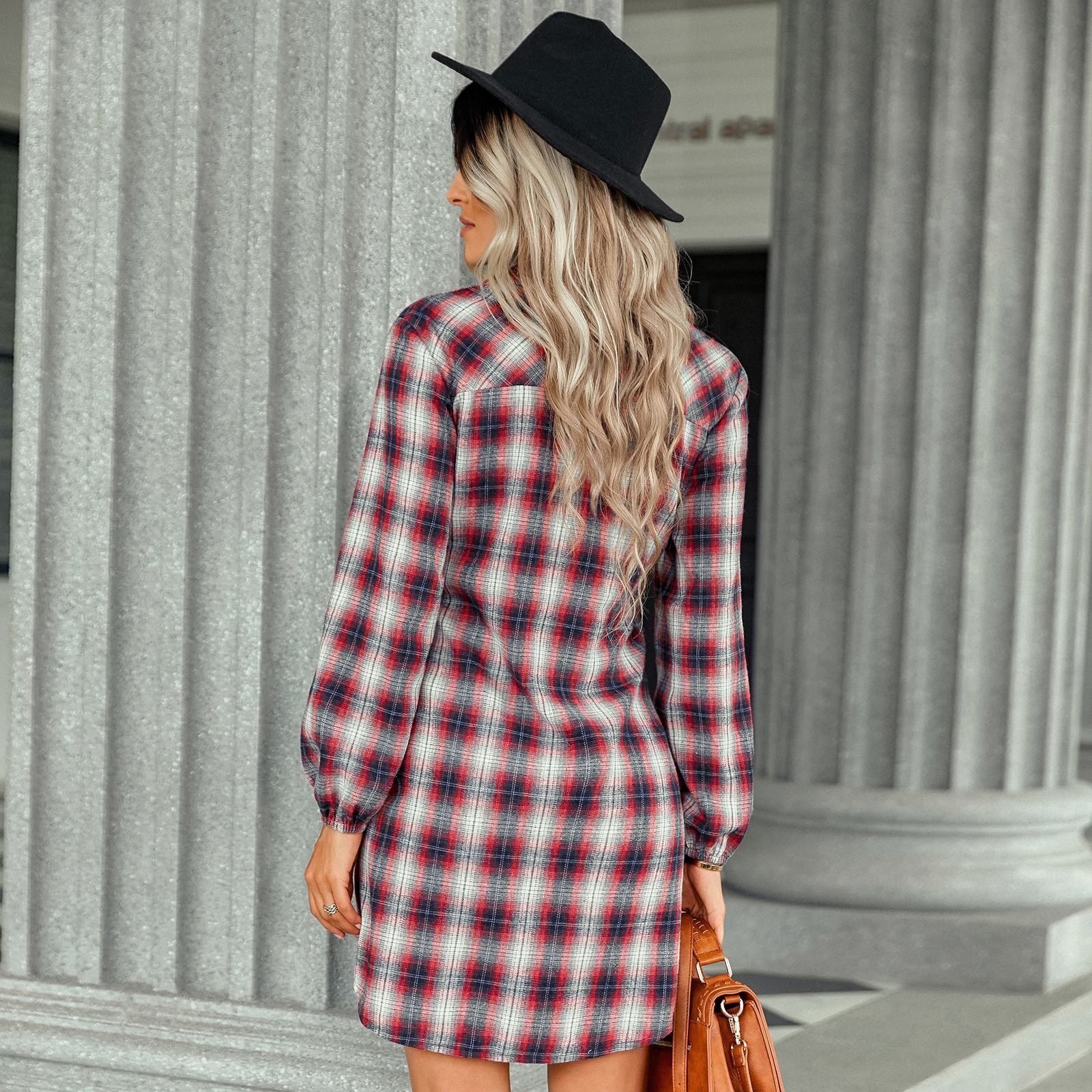 Women's Tie-Up Waist Shirt Plaid Dress - Image 5