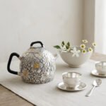 Pure 999 Fine Silver Ornate Silver Tea Vessel Featuring Floral Reliefs and Sleek Black Handles - Handicraft