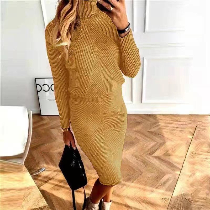 Sweater Suit Two Piece Solid Color European and American Knitted Skirt - Image 8