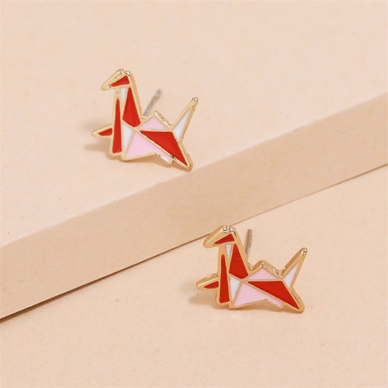 Cute Pink Paper Cranes And Crescent Asymmetric Earrings - Image 5
