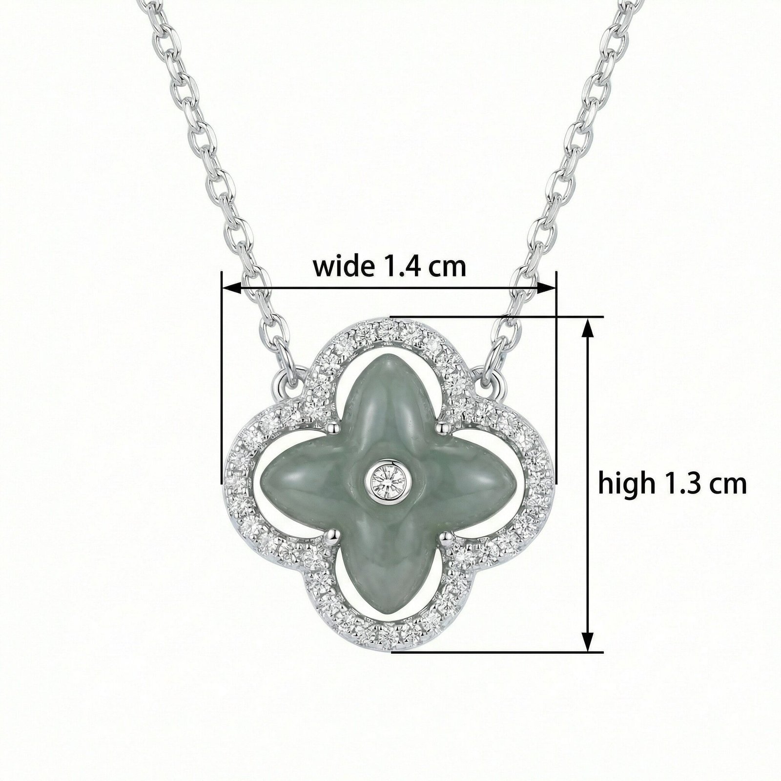 925 Sterling Silver Elegant Green Jade and Diamond Four-Leaf Clover Pendant Necklace - Image 3