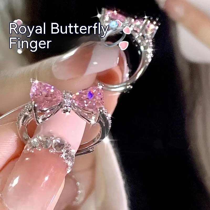 Princess's Castle Pink Bow Female Diamond Zircon French Girl Micro-inlaid Ring - Image 7