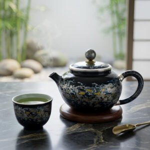 Pure 999 Fine Silver Elegant Midnight Blue Marbled Teapot with Metallic Accents and Ornate Spherical Lid Finial - Handicraft