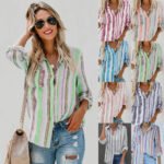 Women's Striped Lapel Long Sleeve Cardigan Single Breasted Shirt