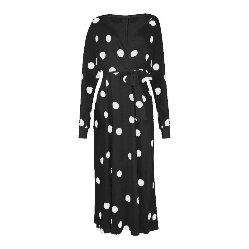 Polka Dot Print Long Sleeve V Neck Off Shoulder Dress - Image 16