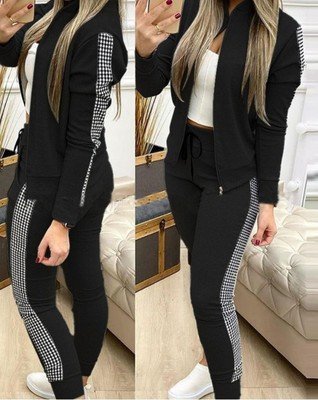 Women's Sports And Leisure Zipper Stitching Plaid Suit - Image 2