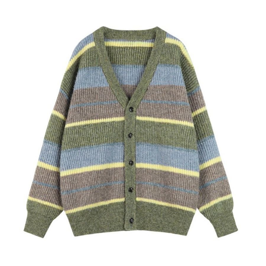V-neck Japanese Lazy Style Retro Striped Sweater Coat Women - Image 5