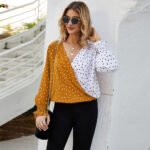 Women's Patchwork Polka Dot Long Sleeve Top Casual Shirt