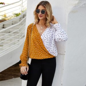 Women's Patchwork Polka Dot Long Sleeve Top Casual Shirt