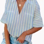 Women's Half Sleeve Striped Loose Single Breasted Loose Top
