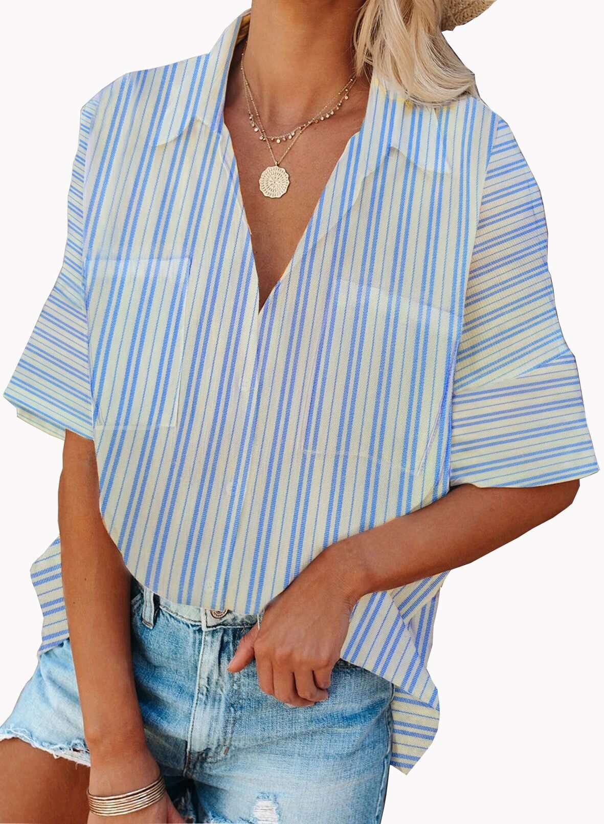 Women's Half Sleeve Striped Loose Single Breasted Loose Top
