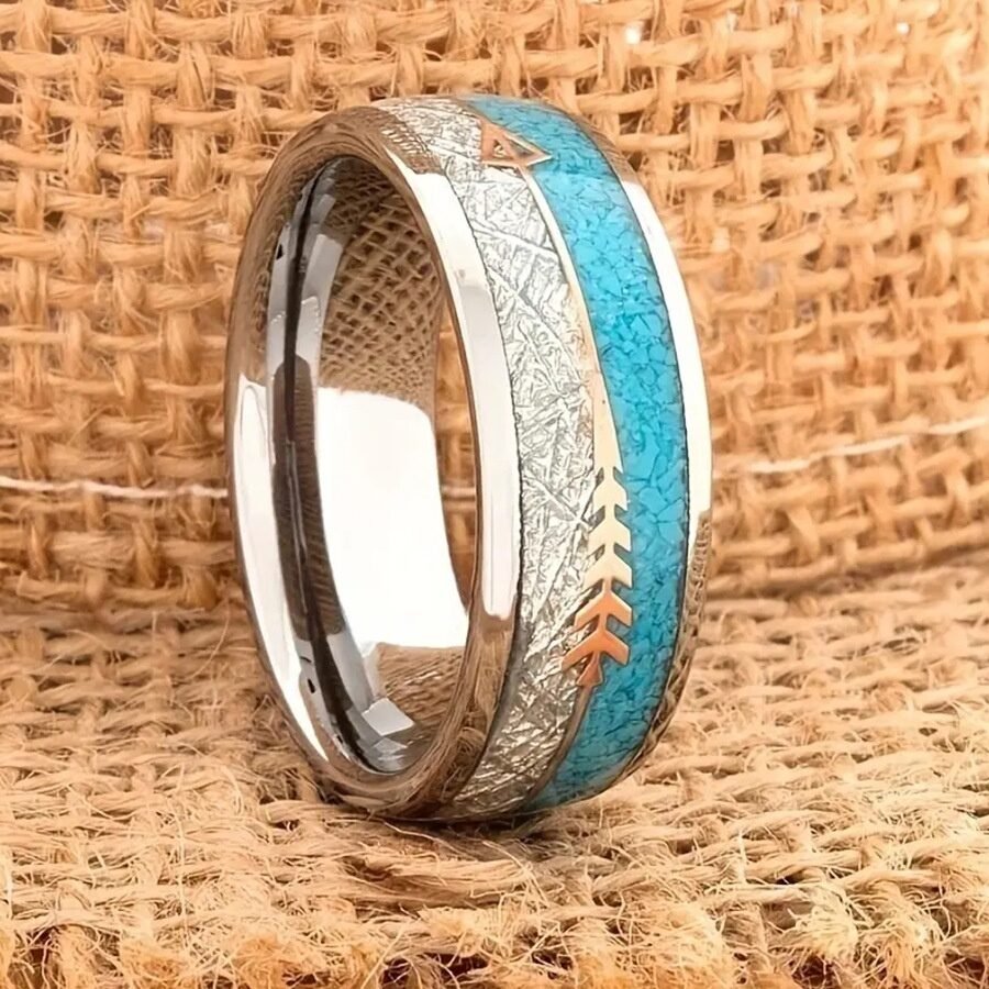 8mm Wide Men's And Women's Fashion Trend Silver Wood Grain Arrow Stainless Steel Ring - Image 7