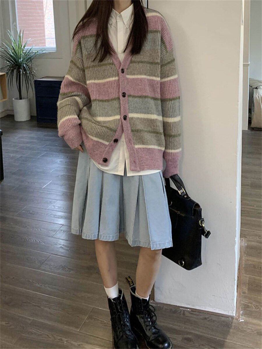 V-neck Japanese Lazy Style Retro Striped Sweater Coat Women - Image 6