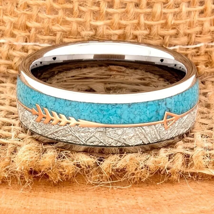 8mm Wide Men's And Women's Fashion Trend Silver Wood Grain Arrow Stainless Steel Ring - Image 9