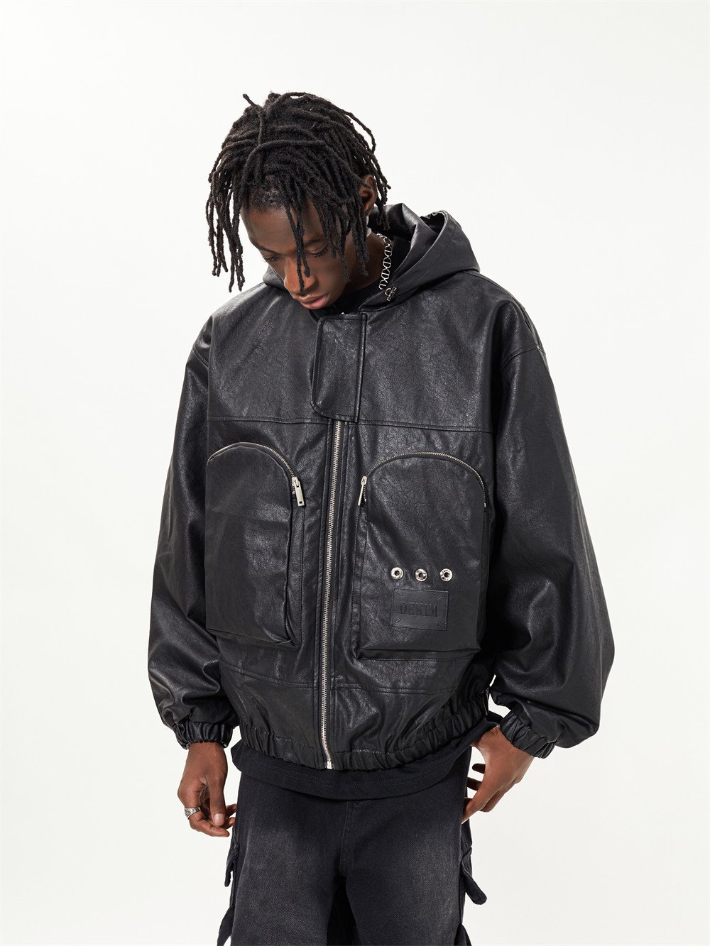Dark Motorcycle Style Hooded Leather Jacket Men - Image 12