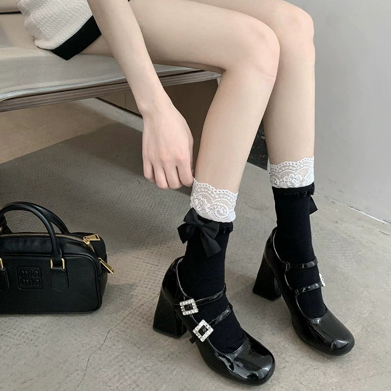 Women's Lace Trim Socks, Cute Bow Black Ribbon Mid-Calf Socks, Coquette Aesthetic White Slouch Socks For Lolita, School Uniform & Daily Wear