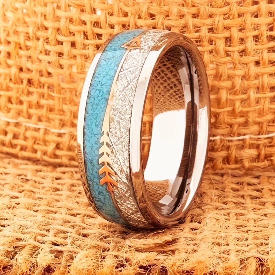 8mm Wide Men's And Women's Fashion Trend Silver Wood Grain Arrow Stainless Steel Ring - Image 6