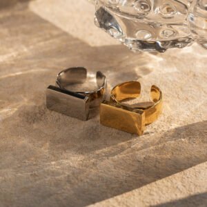 Women's 18K Gold Stainless Steel Long Block Ring