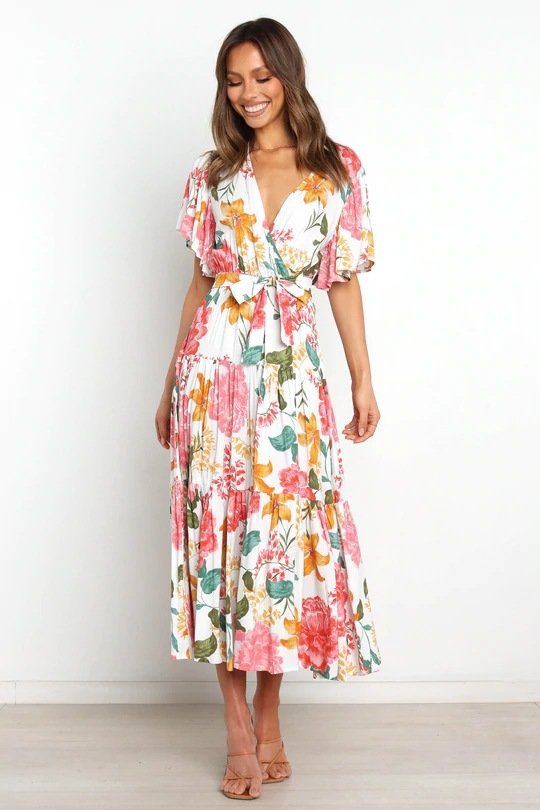 V-Neck Commuter Print Short Sleeve Nipped Waist Bohemian Dress - Image 3