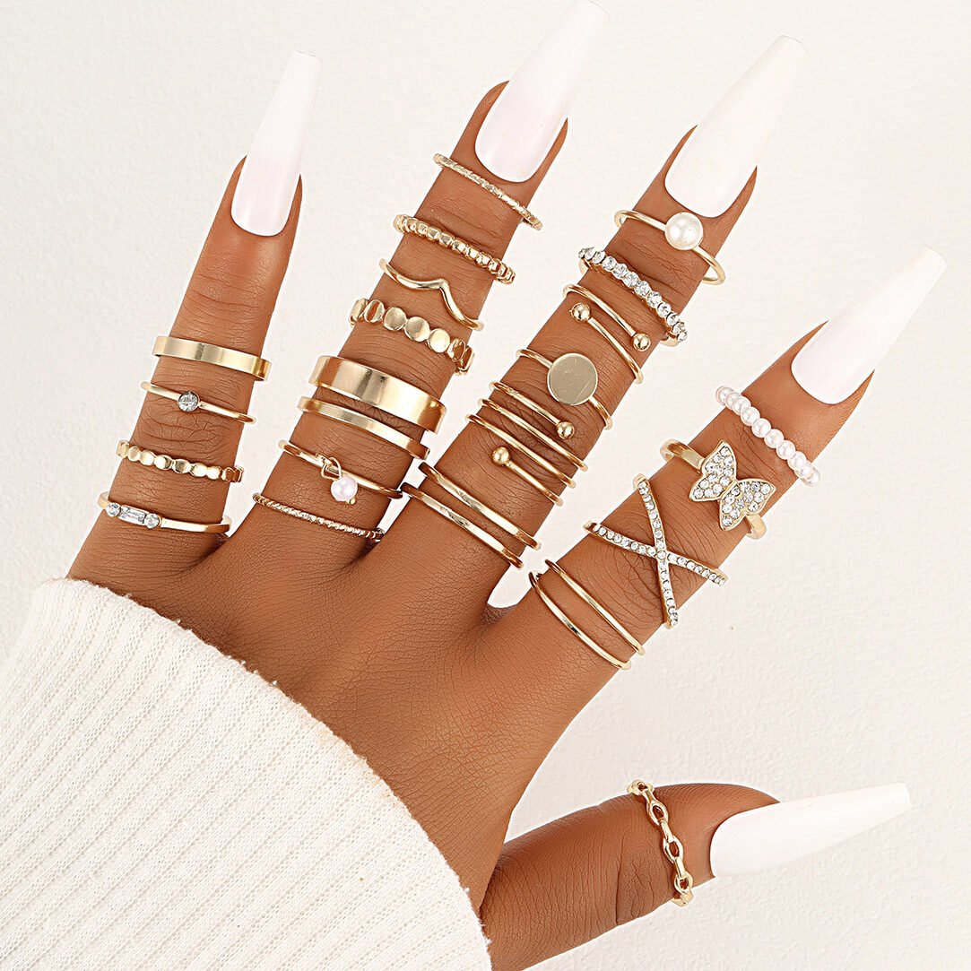 Hollow Heart Geometric Butterfly Leaf Ring Suit - Image 18