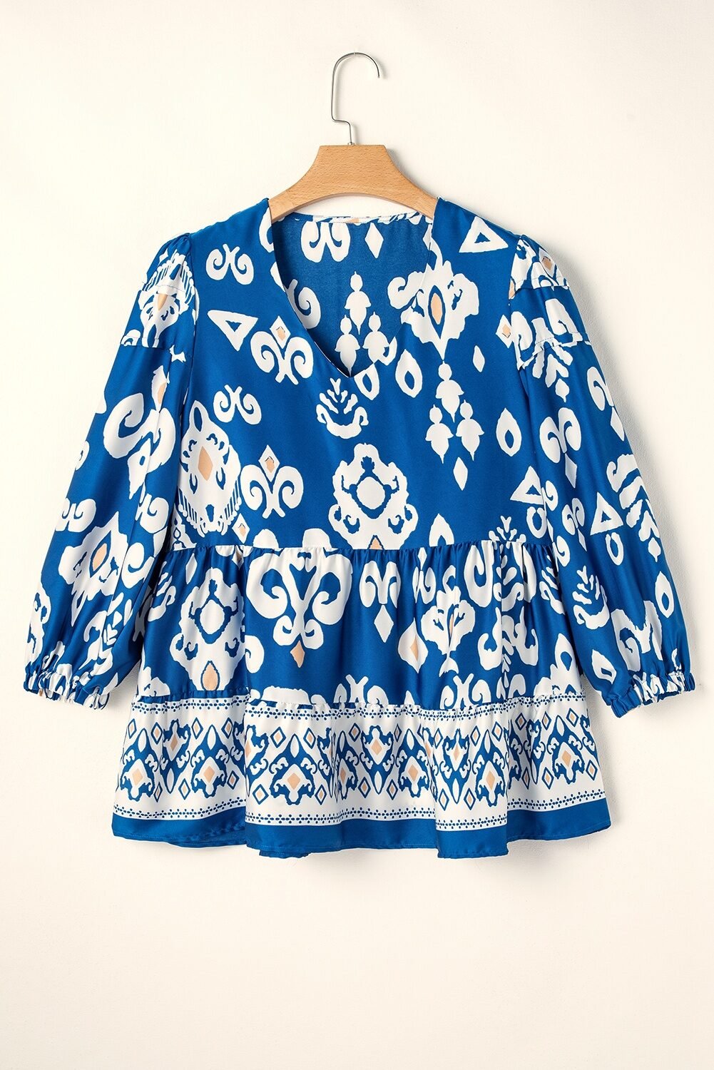 Blue Tribal Geometric Print Sleeve Flowy Fit Blouse - Image 3