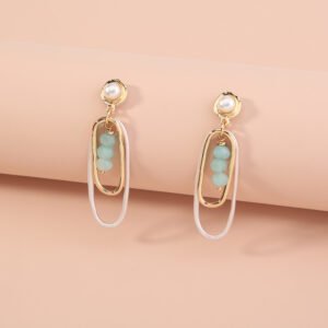 European and American double-layer sand silver oval long earrings earrings retro wild natural green agate geometry