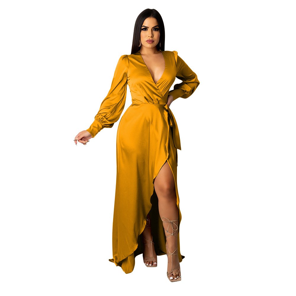 Fashionable V-Neck Silk Face Solid Color Lace Irregular Long Dress - Image 5