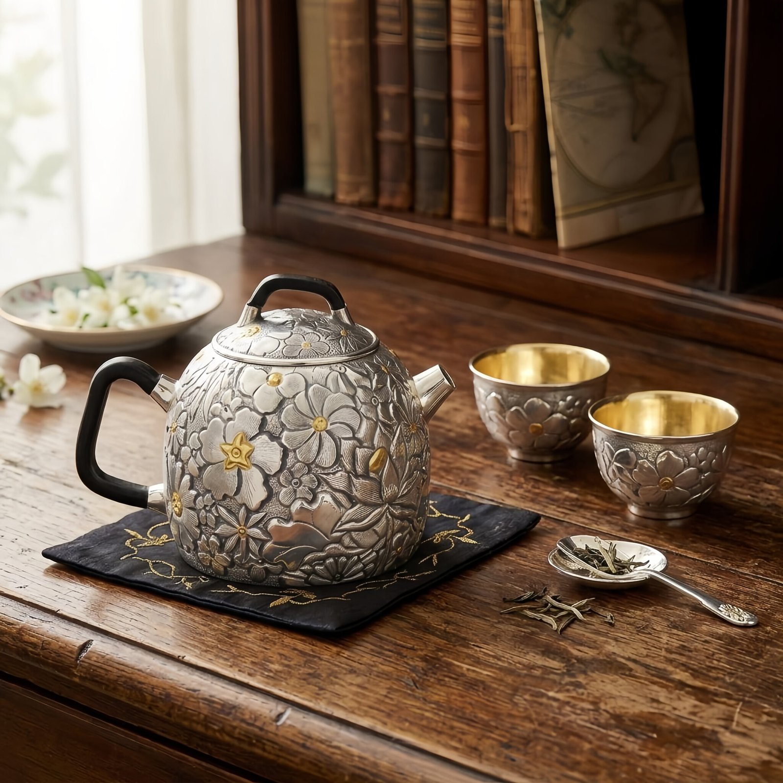 Pure 999 Fine Silver Ornate Silver Tea Vessel Featuring Floral Reliefs and Sleek Black Handles - Handicraft - Image 2
