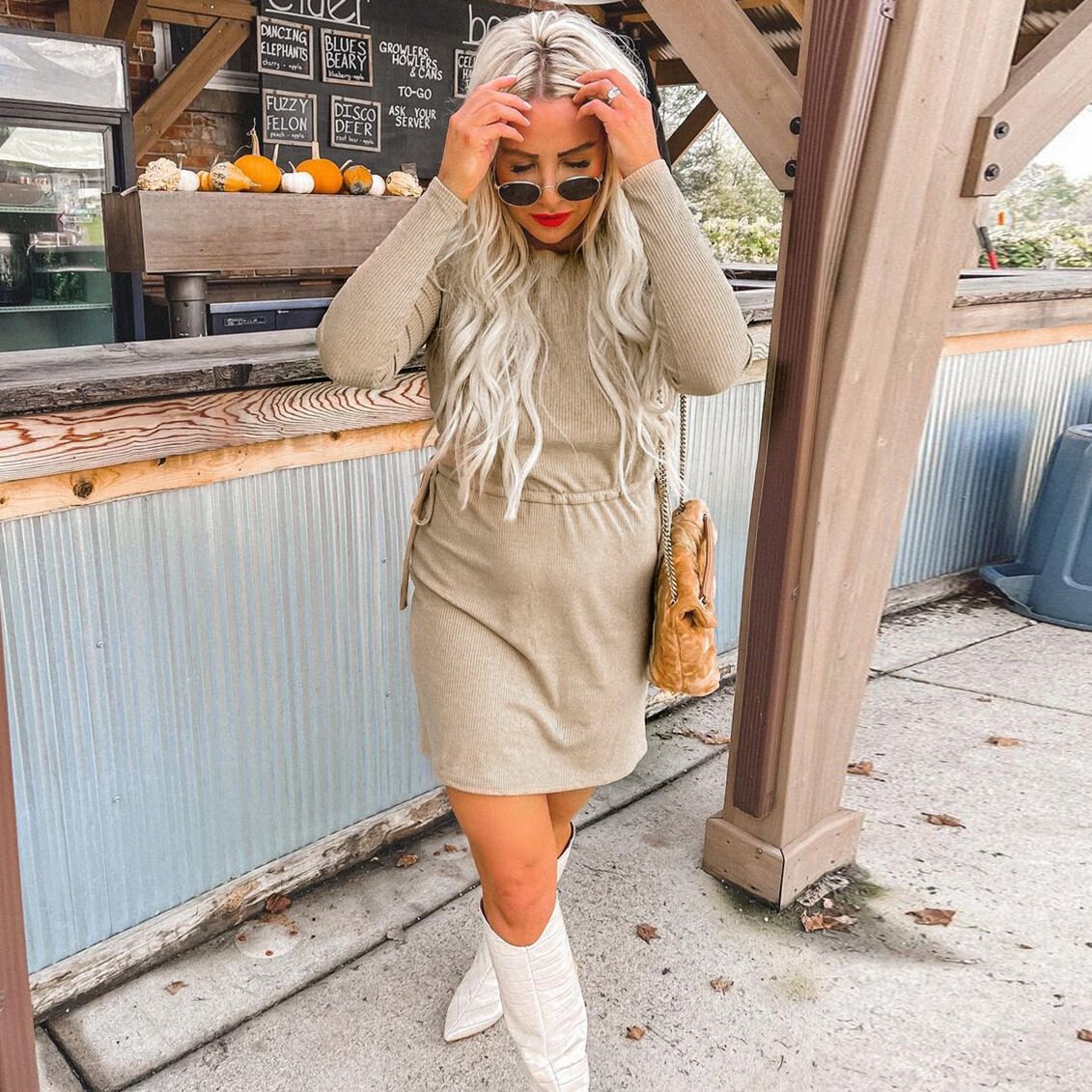 Fashion Solid Color Long-Sleeved Lace-Up Dress - Image 3