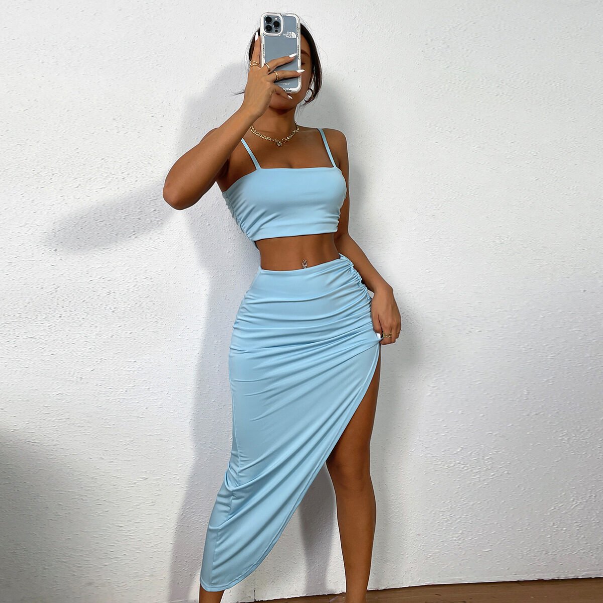 Women's Split Bag Hip Skirt Two-piece European And American Navel Fold Tube Top Suspender Skirt - Image 4