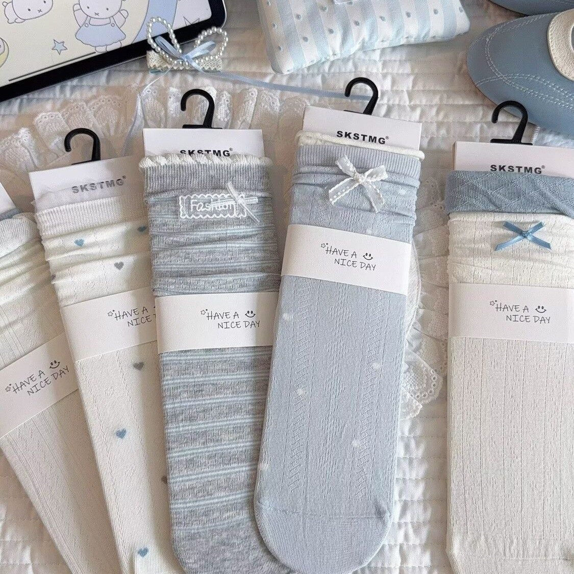 Coquette Light Blue & White Crew Socks, Bow & Heart Print Ruffle Trim Knit Socks, Women's Sweet Preppy Socks For Spring & Summer - Image 2