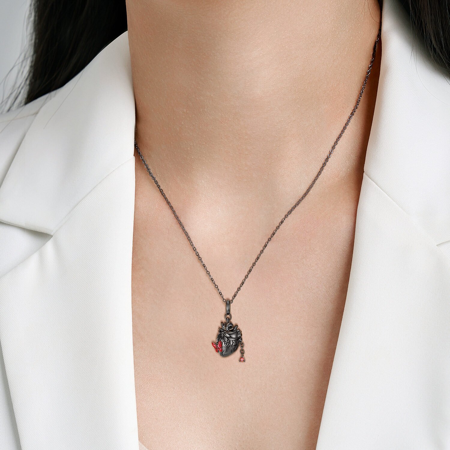S925 Silver Plated Black Gold Heart Necklace Women's Sweater Chain - Image 2
