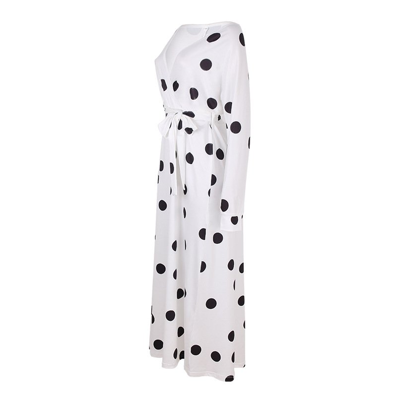 Polka Dot Print Long Sleeve V Neck Off Shoulder Dress - Image 27