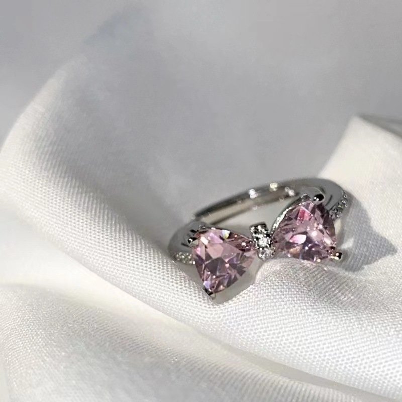 Princess's Castle Pink Bow Female Diamond Zircon French Girl Micro-inlaid Ring - Image 12