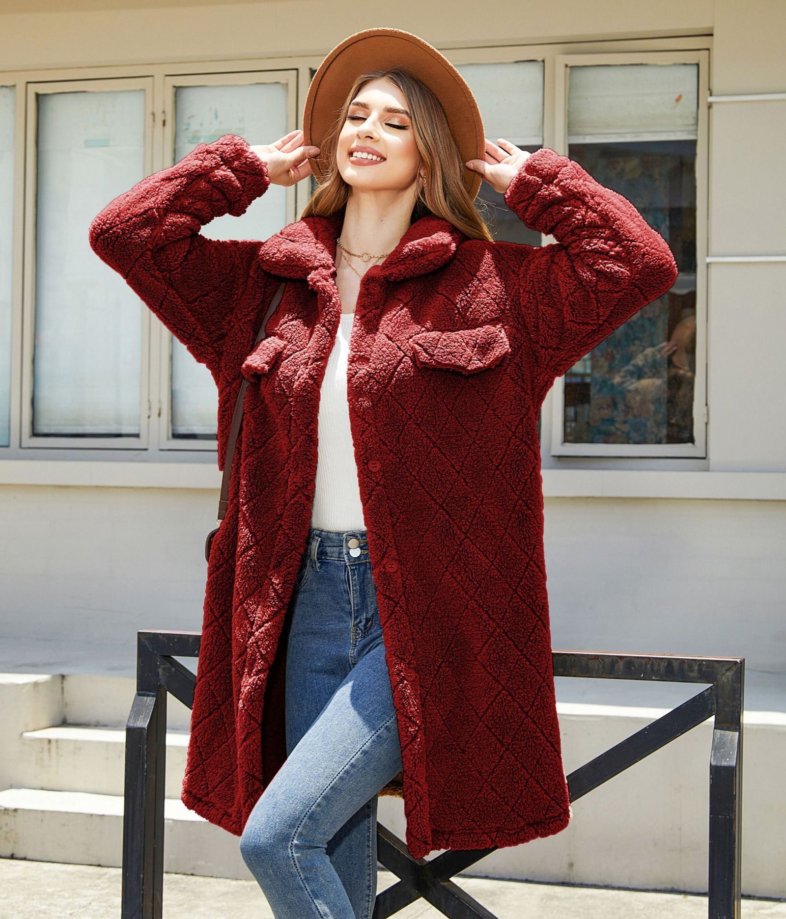 Women's Plush Loose Single-breasted Diamond Coat Overcoat - Image 5