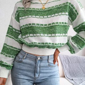 Women Fashion Color Block Long Sleeve Knit Sweater