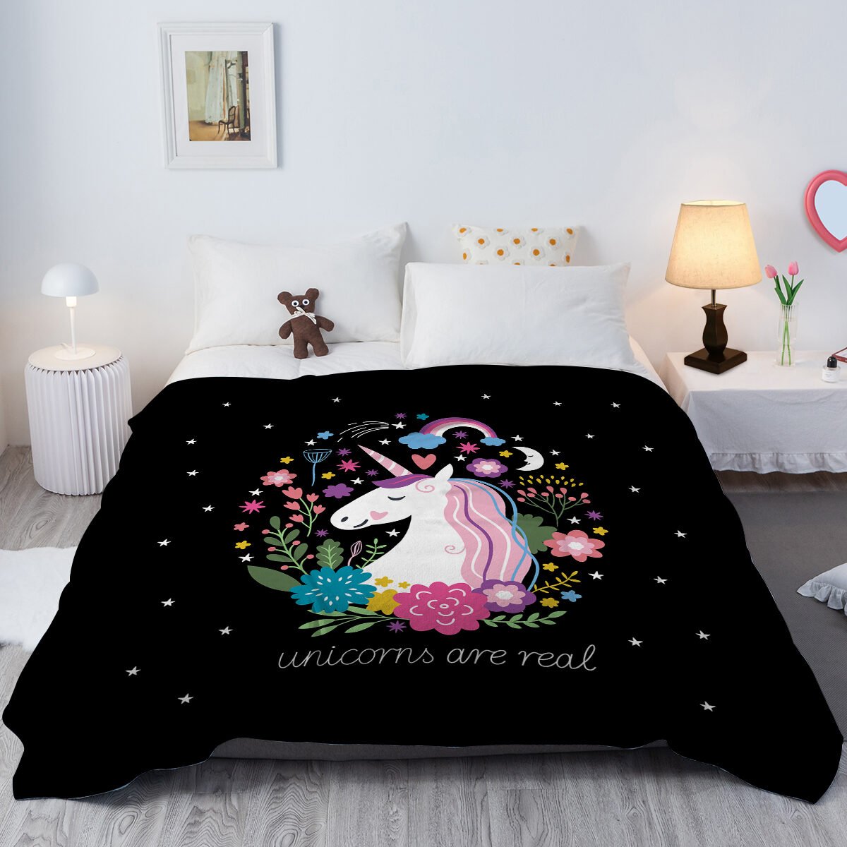 1 Pce Of Flannel Black Base Unicorn Pattern Soft And Fluffy Multifunctional Outdoor Beach Camping Living Room Sofa Office Nap Printed Blanket - Image 3