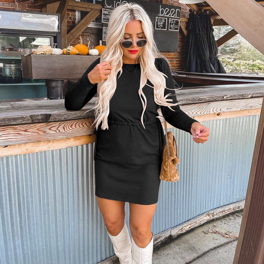 Fashion Solid Color Long-Sleeved Lace-Up Dress - Image 6