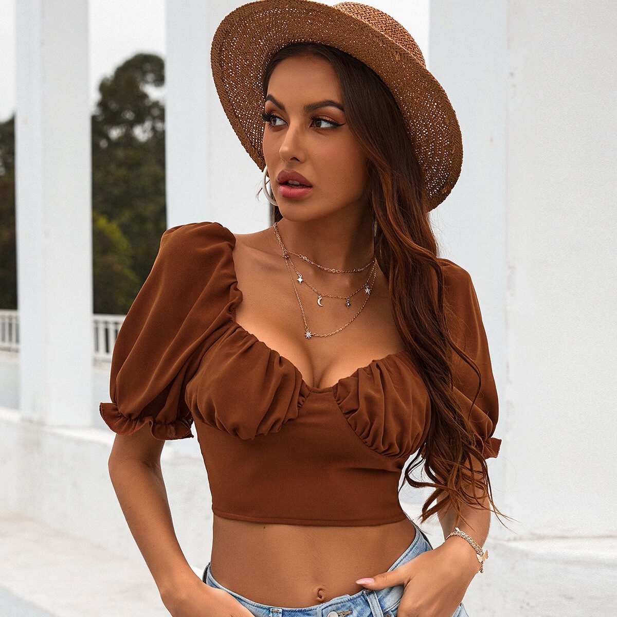 Lantern Sleeve Sexy Halter Bow Top Shirt