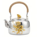 925 Sterling Silver Exquisite Silver Teapot with Gilded Imperial Dragon Relief and Woven Handle - Handicraft