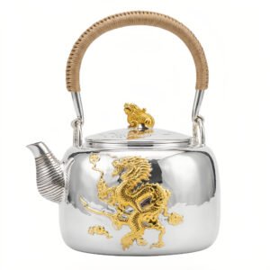 925 Sterling Silver Exquisite Silver Teapot with Gilded Imperial Dragon Relief and Woven Handle - Handicraft