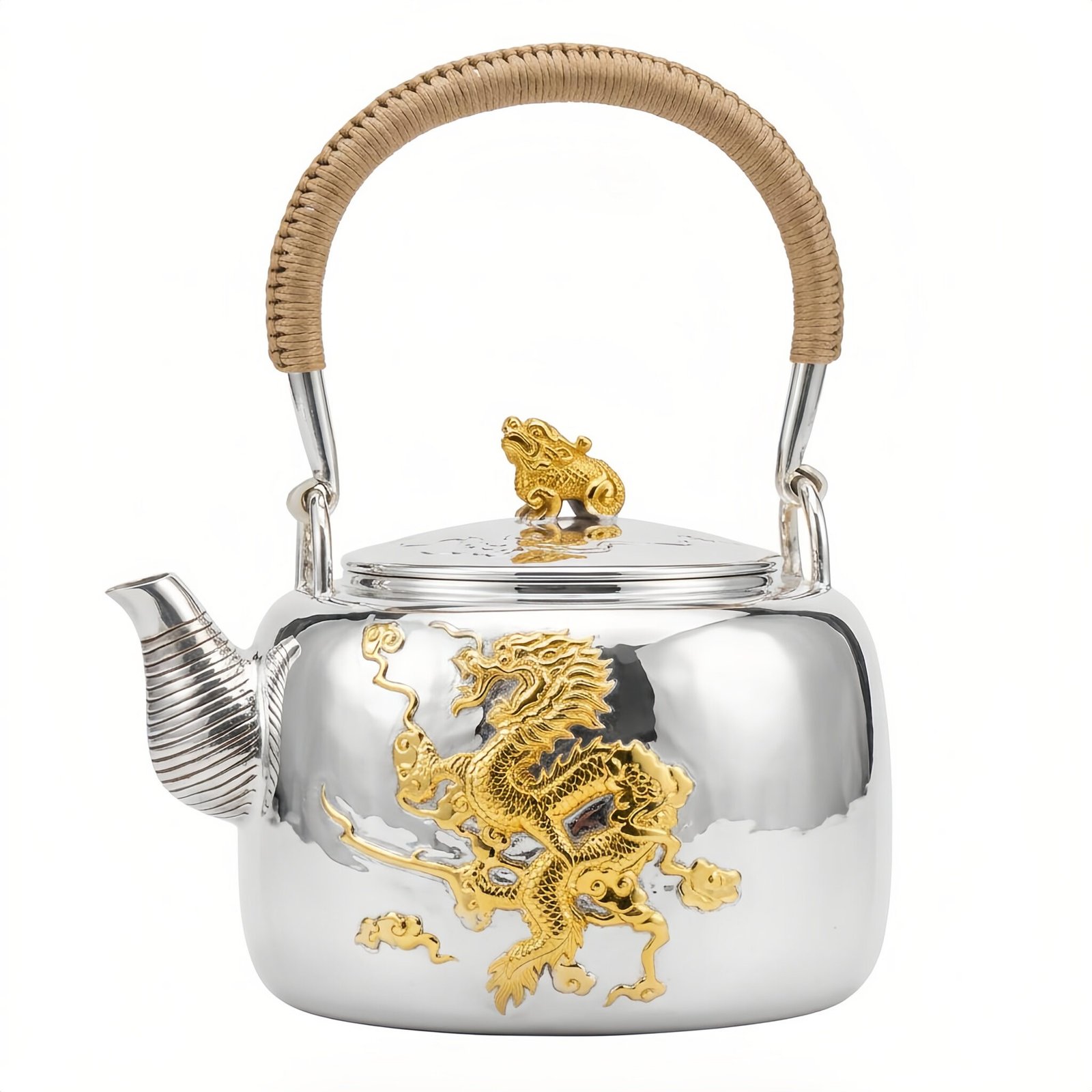 925 Sterling Silver Exquisite Silver Teapot with Gilded Imperial Dragon Relief and Woven Handle - Handicraft