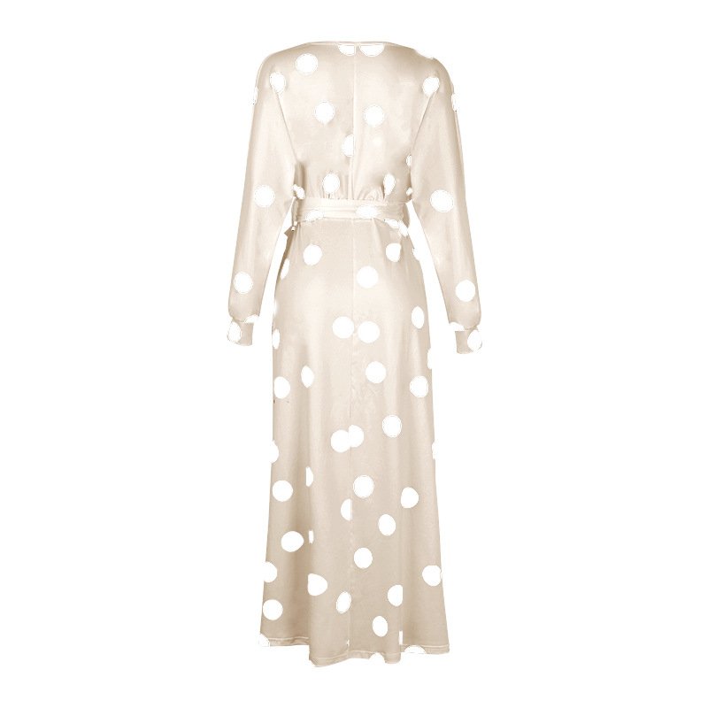 Polka Dot Print Long Sleeve V Neck Off Shoulder Dress - Image 10
