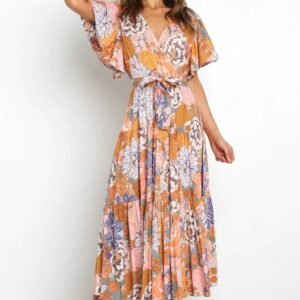 V-Neck Commuter Print Short Sleeve Nipped Waist Bohemian Dress